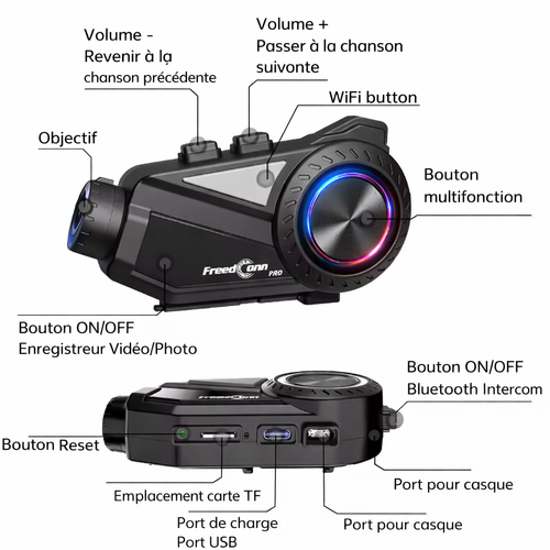 Kit bluetooth / intercom avec caméra intégrée pour casque 2 roues - FreedConn R3 Pro V2