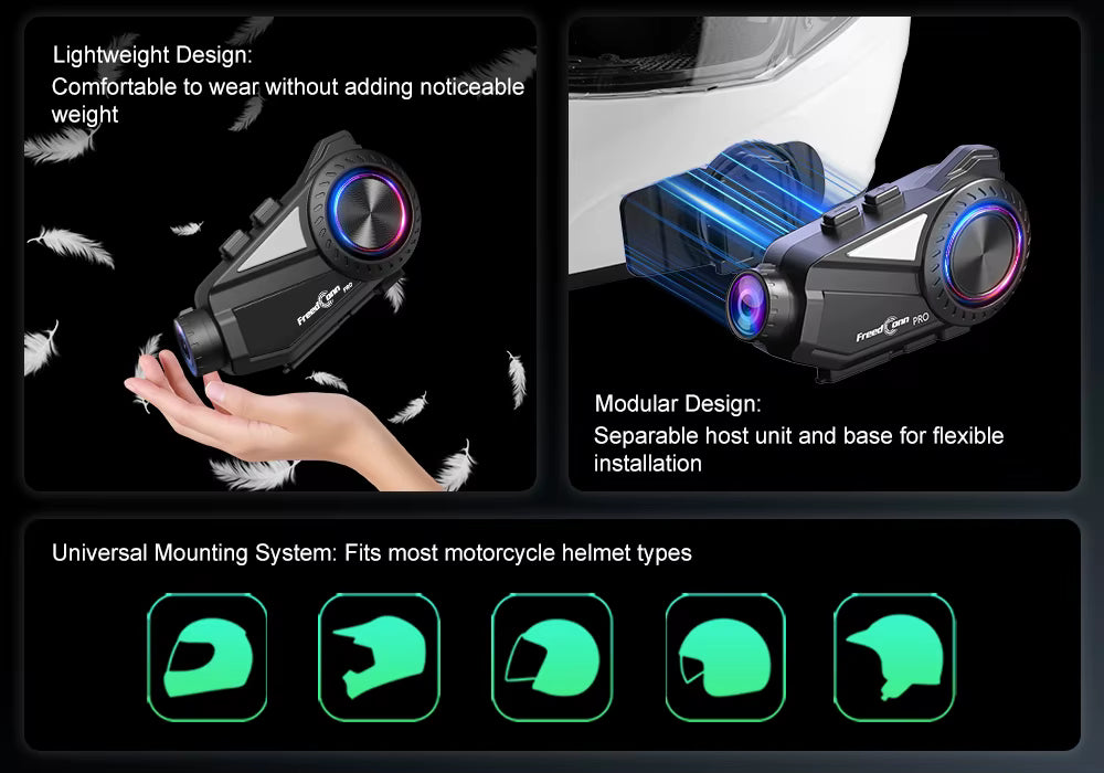 Kit bluetooth / intercom avec caméra intégrée pour casque 2 roues - FreedConn R3 Pro V2
